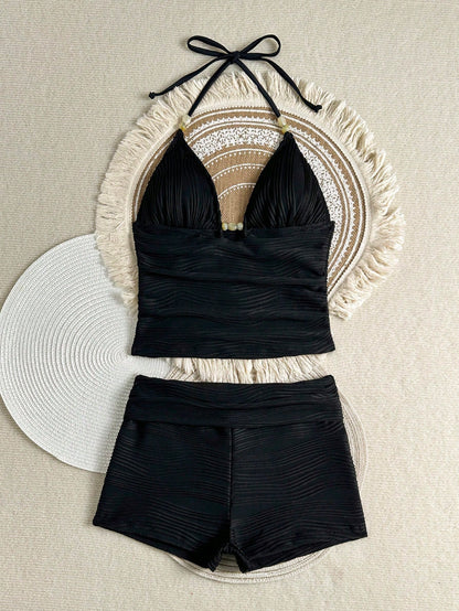 Costavie Women's Summer Beach Solid Color Halter Tankini Two-Piece Swimsuit Set
