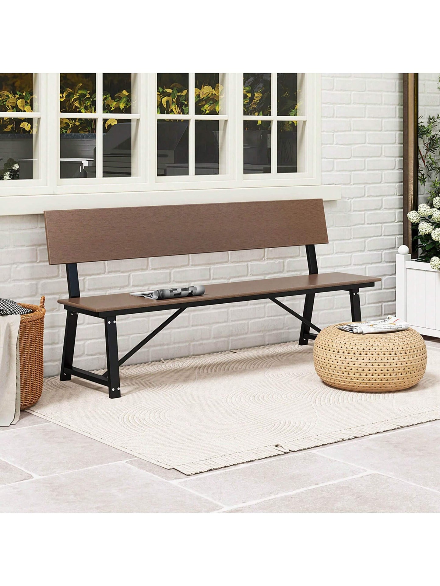 COSTWAY 1/2 PCS 4-Person Bench With All-Weather HDPE Seat & Back Heavy-Duty Metal Support