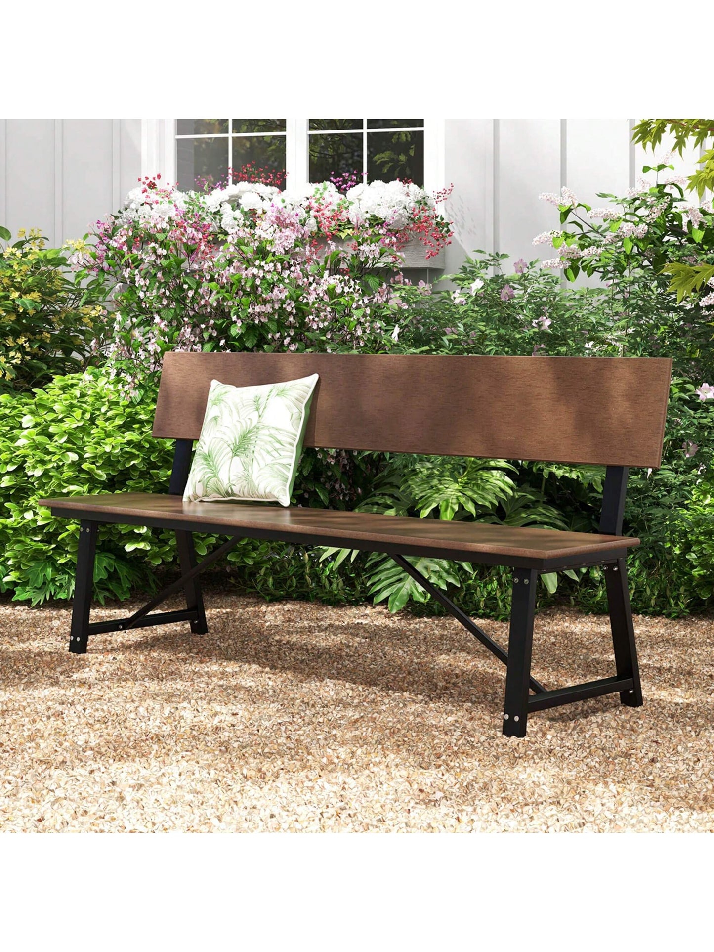 COSTWAY 1/2 PCS 4-Person Bench With All-Weather HDPE Seat & Back Heavy-Duty Metal Support