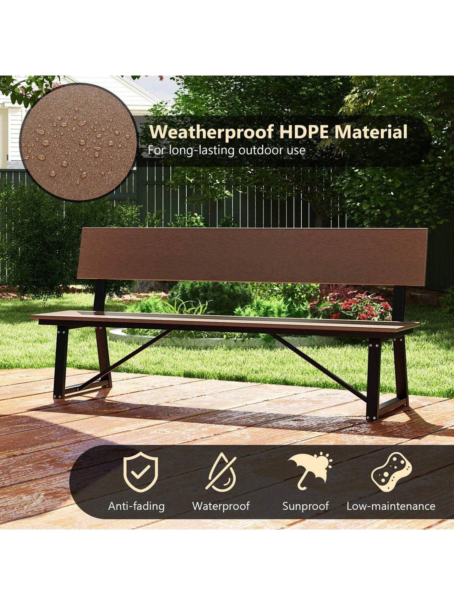 COSTWAY 1/2 PCS 4-Person Bench With All-Weather HDPE Seat & Back Heavy-Duty Metal Support