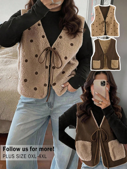 CosyJoli Plus Size Women's Vest Jacket, Reversible Polka Dot Teddy Fleece Corduroy In Coffee Autumn/ Casual Going Out Hiking Winter