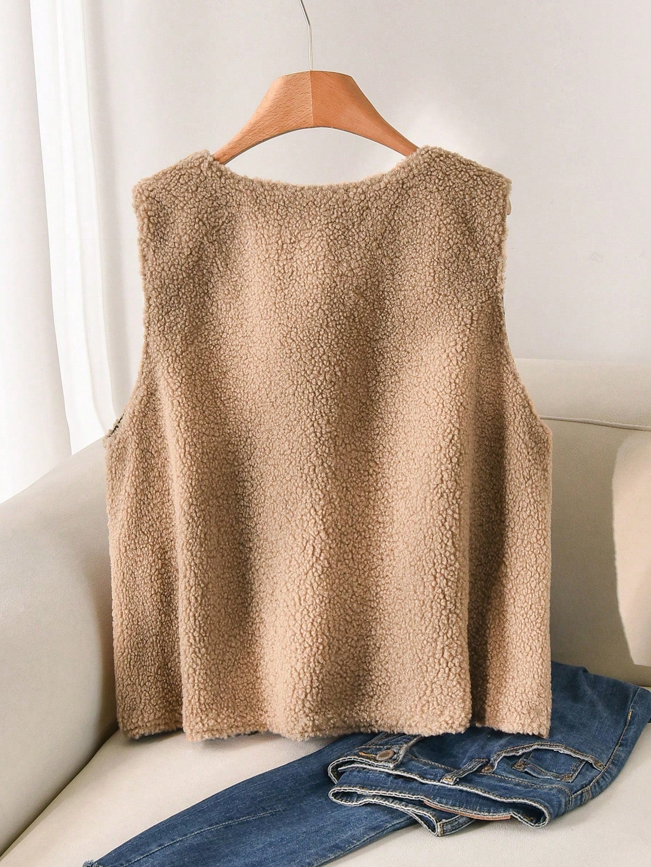 CosyJoli Plus Size Women's Vest Jacket, Reversible Polka Dot Teddy Fleece Corduroy In Coffee Autumn/ Casual Going Out Hiking Winter