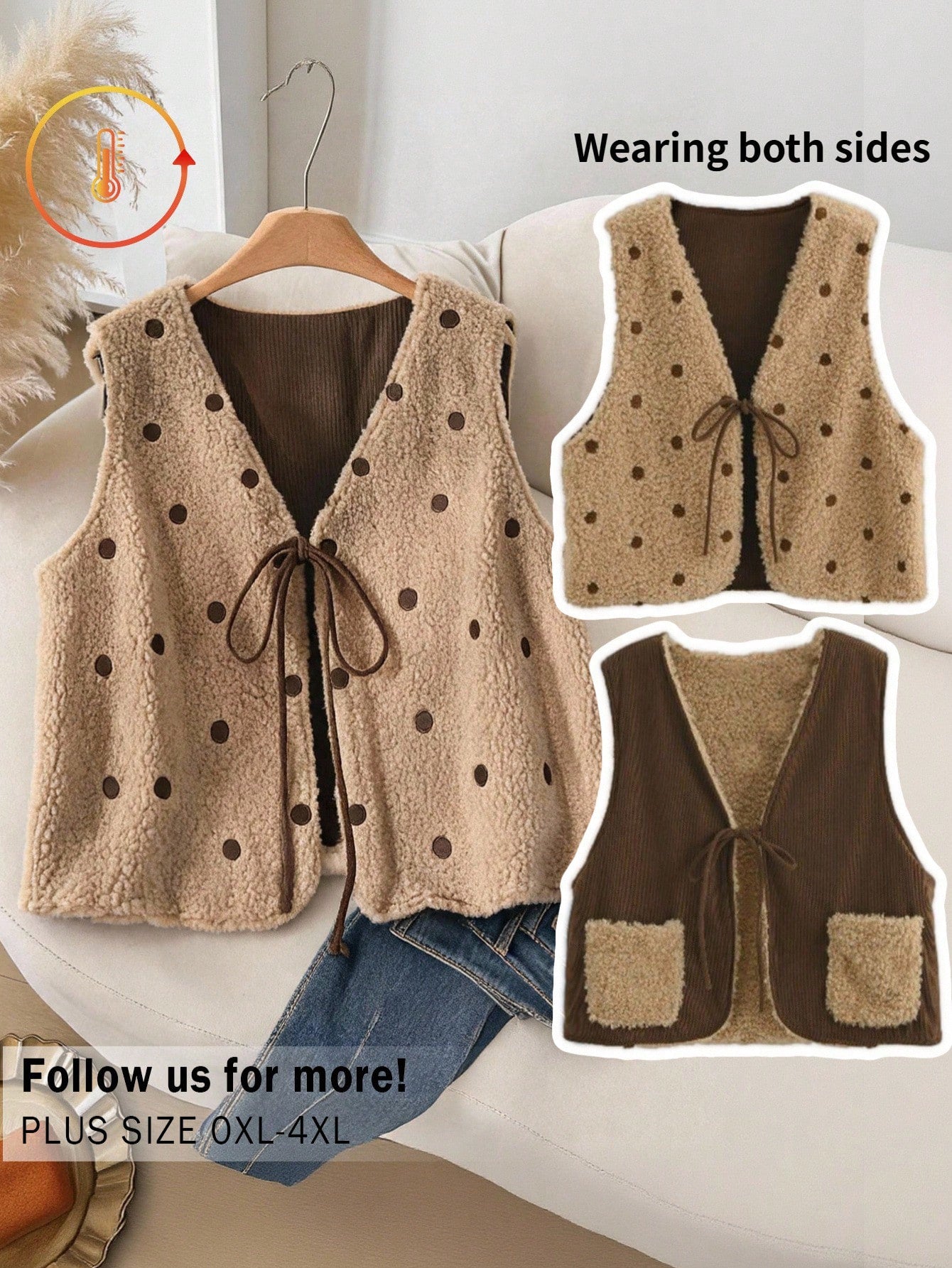 CosyJoli Plus Size Women's Vest Jacket, Reversible Polka Dot Teddy Fleece Corduroy In Coffee Autumn/ Casual Going Out Hiking Winter