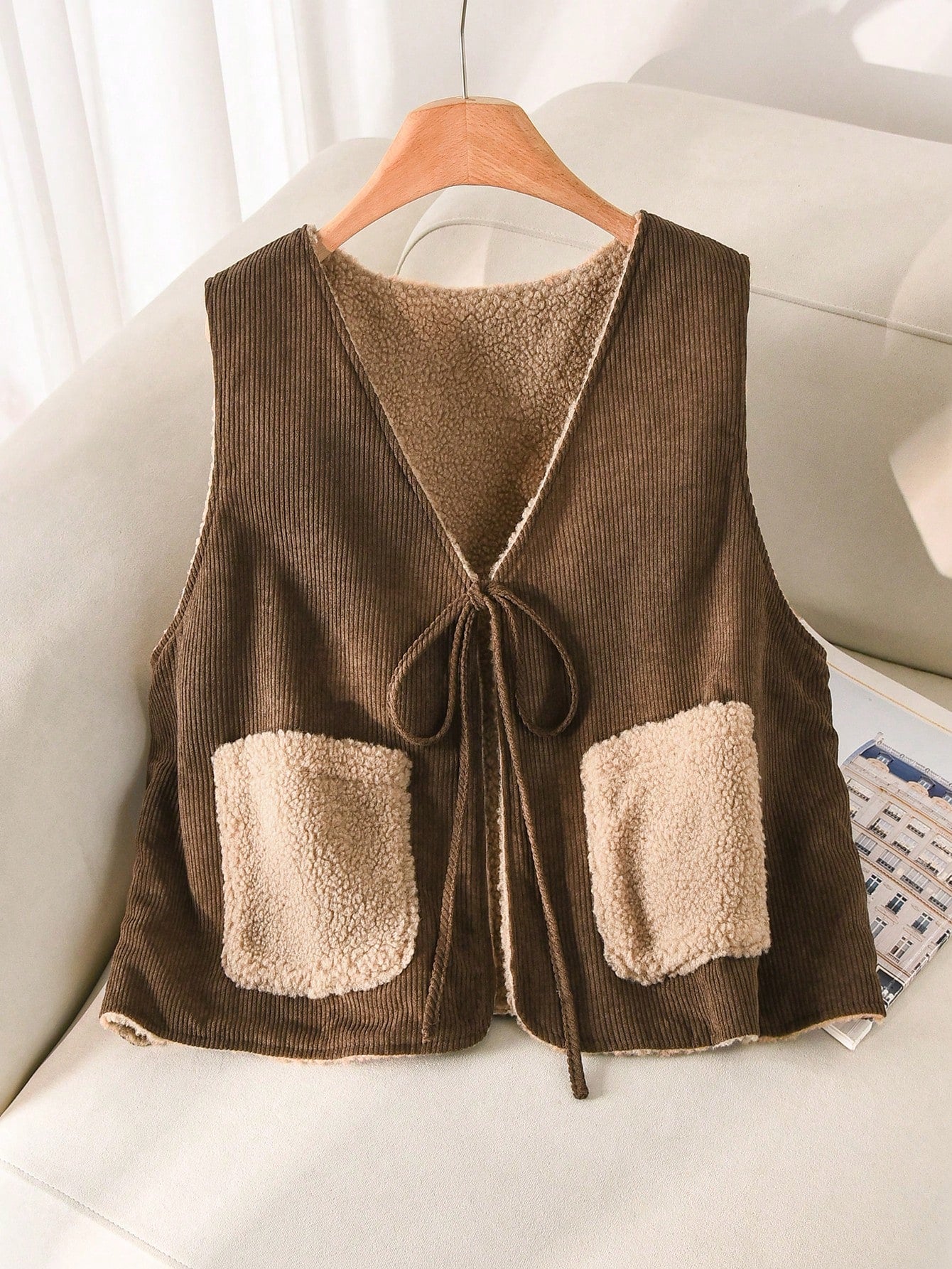 CosyJoli Plus Size Women's Vest Jacket, Reversible Polka Dot Teddy Fleece Corduroy In Coffee Autumn/ Casual Going Out Hiking Winter