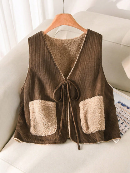 CosyJoli Plus Size Women's Vest Jacket, Reversible Polka Dot Teddy Fleece Corduroy In Coffee Autumn/ Casual Going Out Hiking Winter
