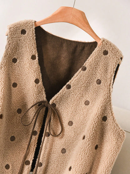 CosyJoli Plus Size Women's Vest Jacket, Reversible Polka Dot Teddy Fleece Corduroy In Coffee Autumn/ Casual Going Out Hiking Winter