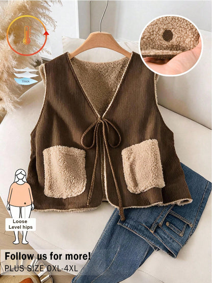 CosyJoli Plus Size Women's Vest Jacket, Reversible Polka Dot Teddy Fleece Corduroy In Coffee Autumn/ Casual Going Out Hiking Winter