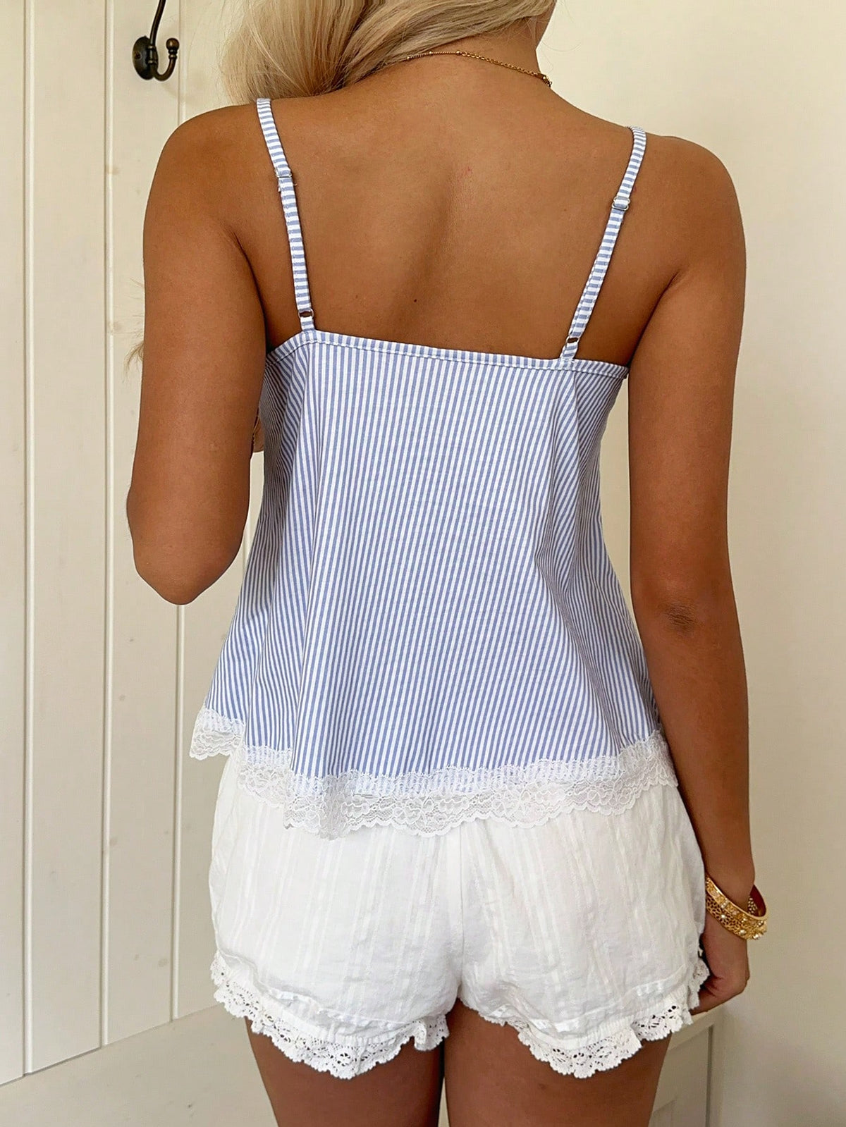 CovetEZ 100% Cotton Elegant Blue & White Striped Women's Summer Fitted Camisole, Ruched Bust Doll Top With Lace Patchwork, Minimalist Cute Style For Brunch And Daily Wear