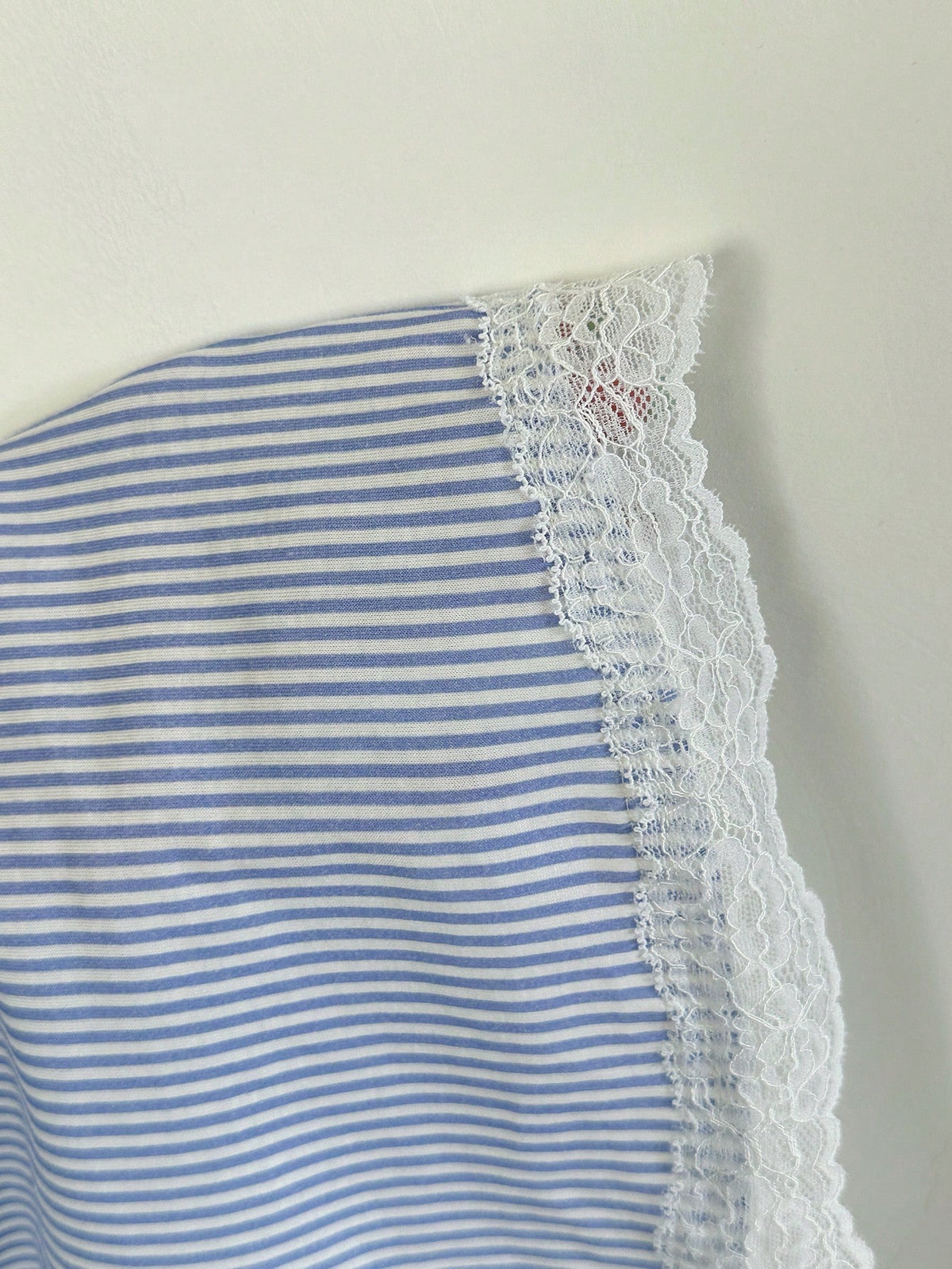 CovetEZ 100% Cotton Elegant Blue & White Striped Women's Summer Fitted Camisole, Ruched Bust Doll Top With Lace Patchwork, Minimalist Cute Style For Brunch And Daily Wear