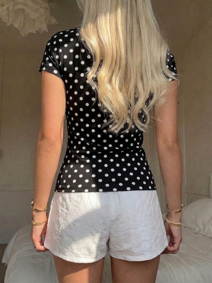 CovetEZ 95% Cotton Casual Minimalist Black And White Polka Dot Off-Shoulder Short Sleeve T-Shirt,Summer Top For City Break,Daily,Commute,,Y2K Style