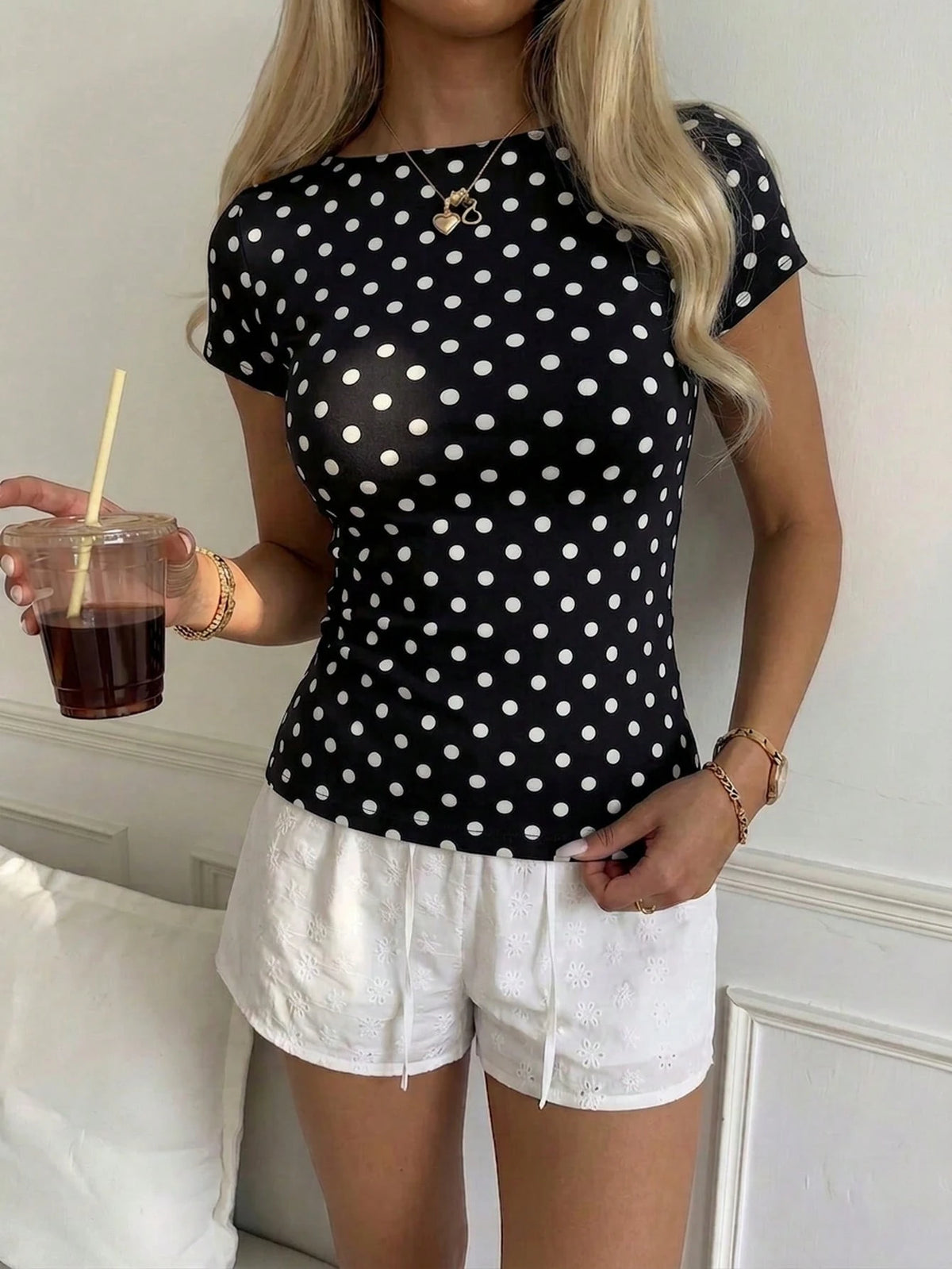 CovetEZ 95% Cotton Casual Minimalist Black And White Polka Dot Off-Shoulder Short Sleeve T-Shirt,Summer Top For City Break,Daily,Commute,,Y2K Style