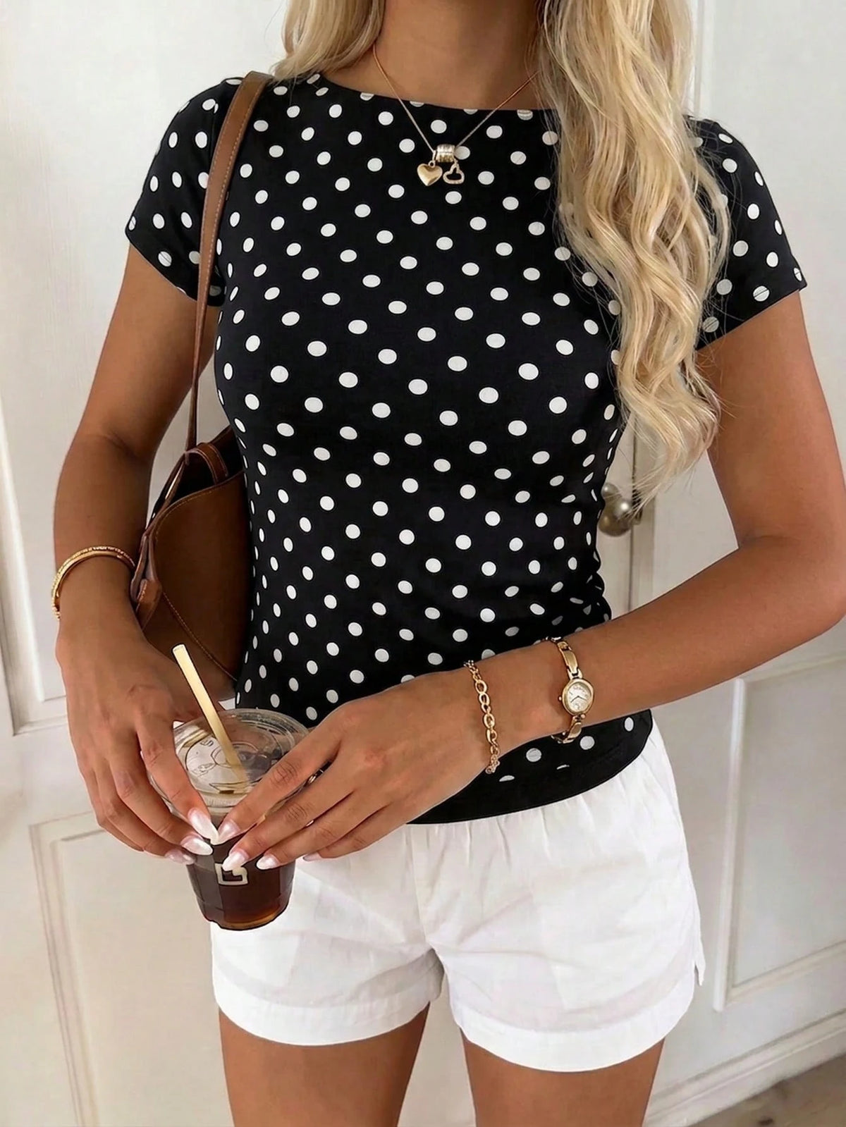 CovetEZ 95% Cotton Casual Minimalist Black And White Polka Dot Off-Shoulder Short Sleeve T-Shirt,Summer Top For City Break,Daily,Commute,,Y2K Style