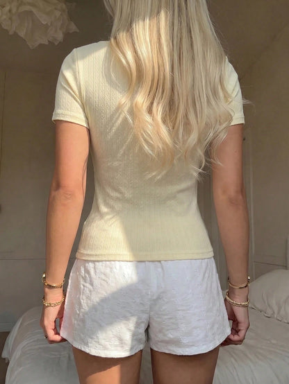 CovetEZ Pale Yellow Casual Women's Round Neck Short Sleeve Slim Fit T-Shirt Daily Everyday Home Date Everyday Daytime Everyday Home Everyday Summer