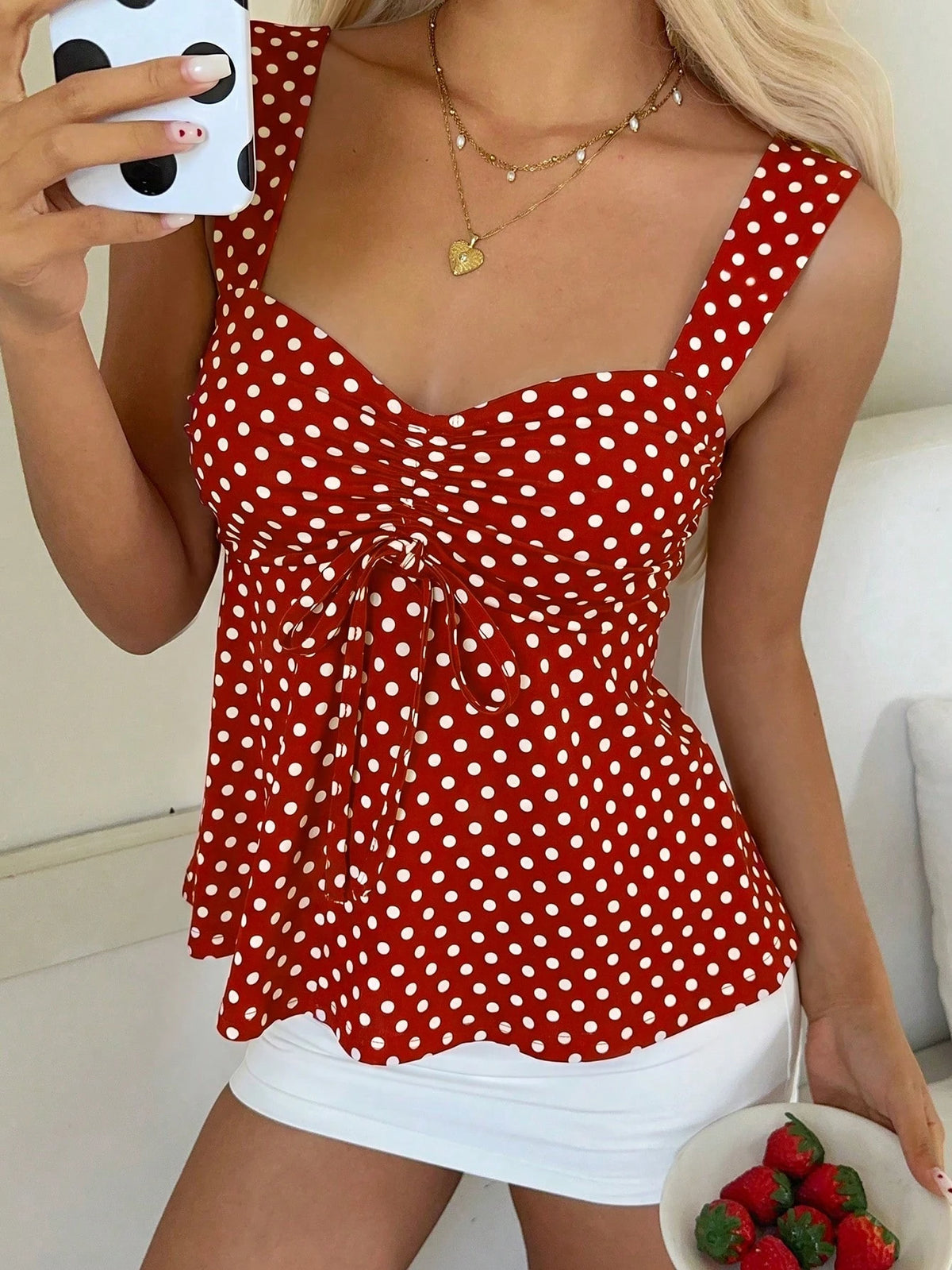 CovetEZ Red Polka Dot Print Twist Ruched Casual Tank Top For Women,Summer Top