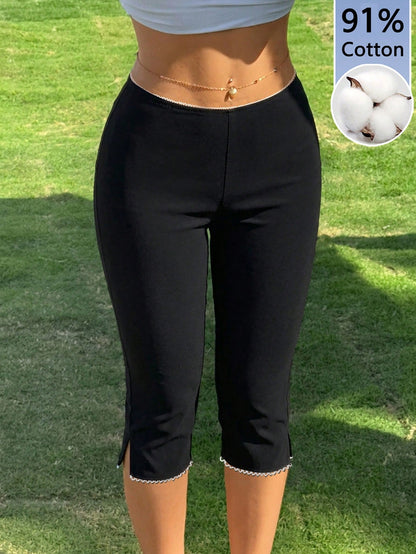 CovetEZ Women's 91% Cotton Black Knit Elastic Capri Leggings, Black White, Summer, Athleisure, Gym, Classic Sporty Chic Beach For Spring Break & Boho