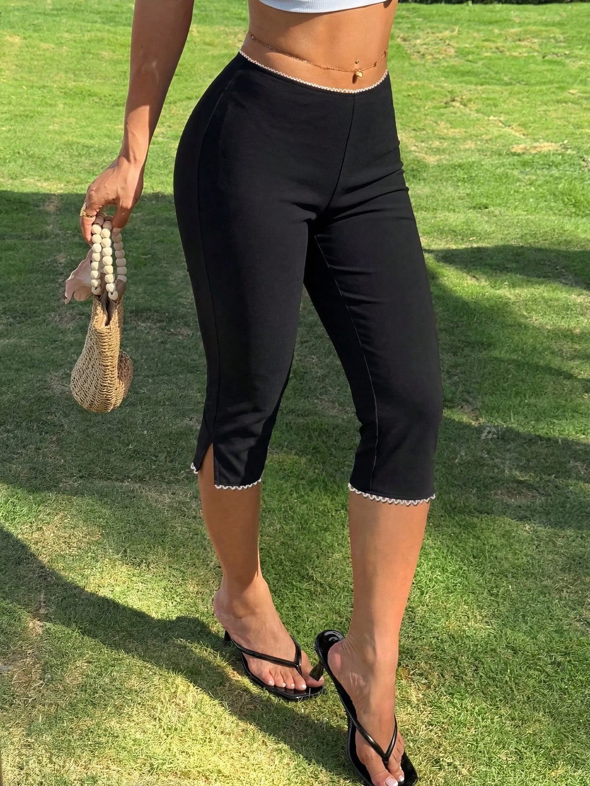 CovetEZ Women's 91% Cotton Black Knit Elastic Capri Leggings, Black White, Summer, Athleisure, Gym, Classic Sporty Chic Beach For Spring Break & Boho