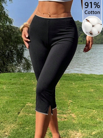CovetEZ Women's 91% Cotton Black Knit Elastic Capri Leggings, Black White, Summer, Athleisure, Gym, Classic Sporty Chic Beach For Spring Break & Boho