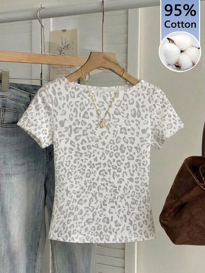 CovetEZ Women's 95% Cotton White Animal Print,Summer,Casual,Everyday Leopard Short Sleeve T-Shirt,Form-Fitted Basic Top,Vintage Y2K Soft Girl Retro Tee