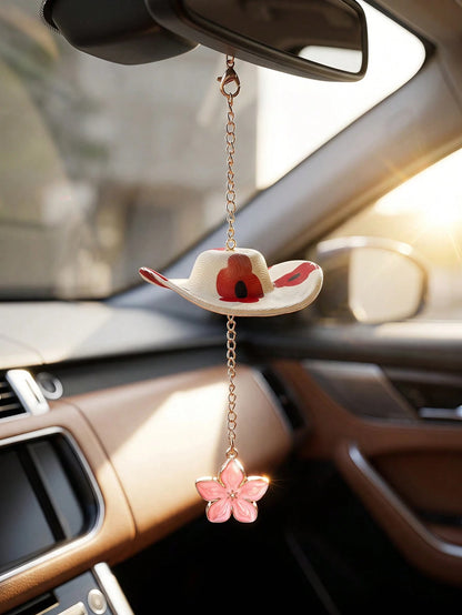 Cowboy Hat Cherry Blossom Car Hanging Ornament Pink Flower Rearview Mirror Charm Cute Aesthetic Car Interior Decor Accessories For Women