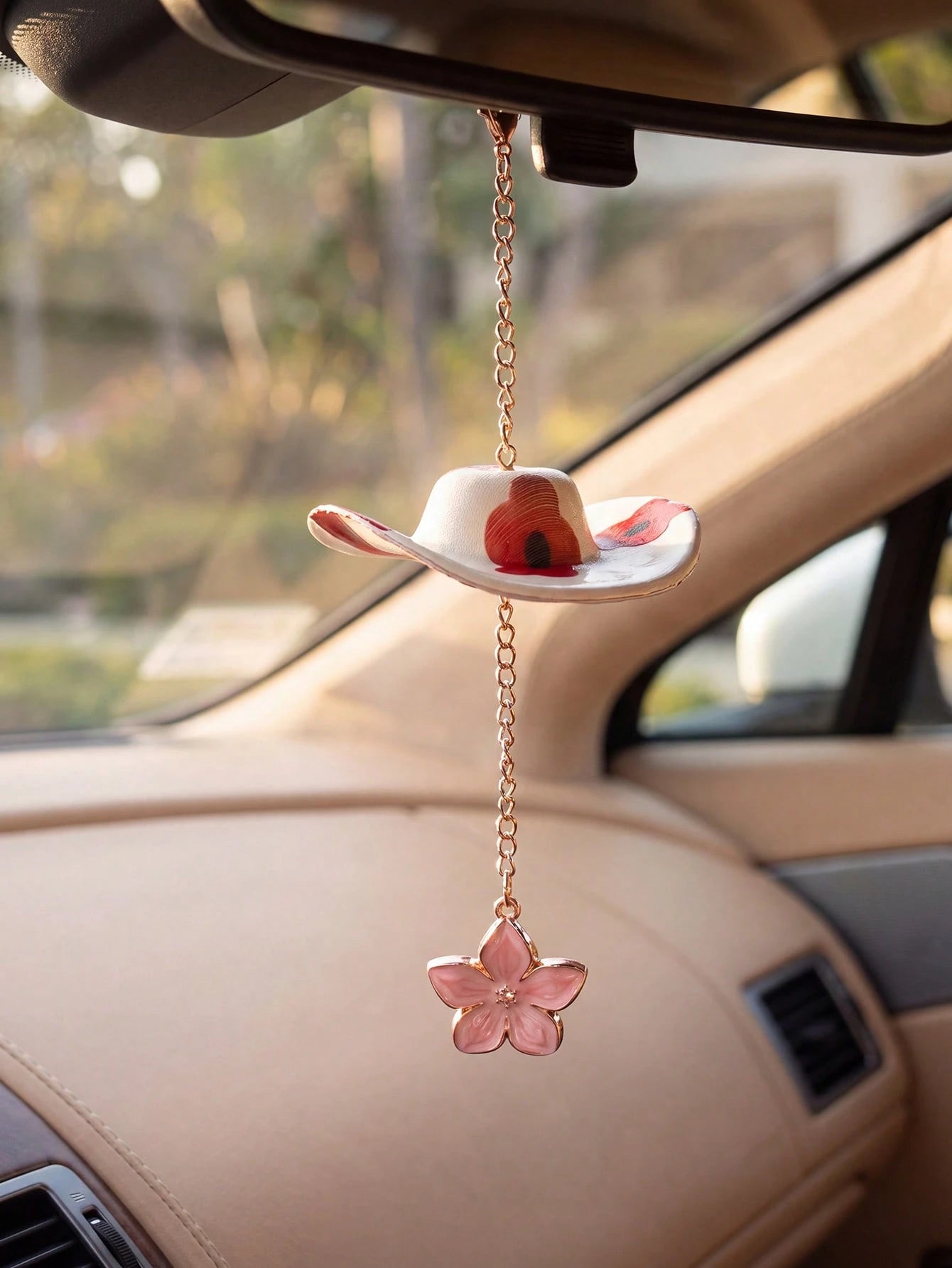 Cowboy Hat Cherry Blossom Car Hanging Ornament Pink Flower Rearview Mirror Charm Cute Aesthetic Car Interior Decor Accessories For Women