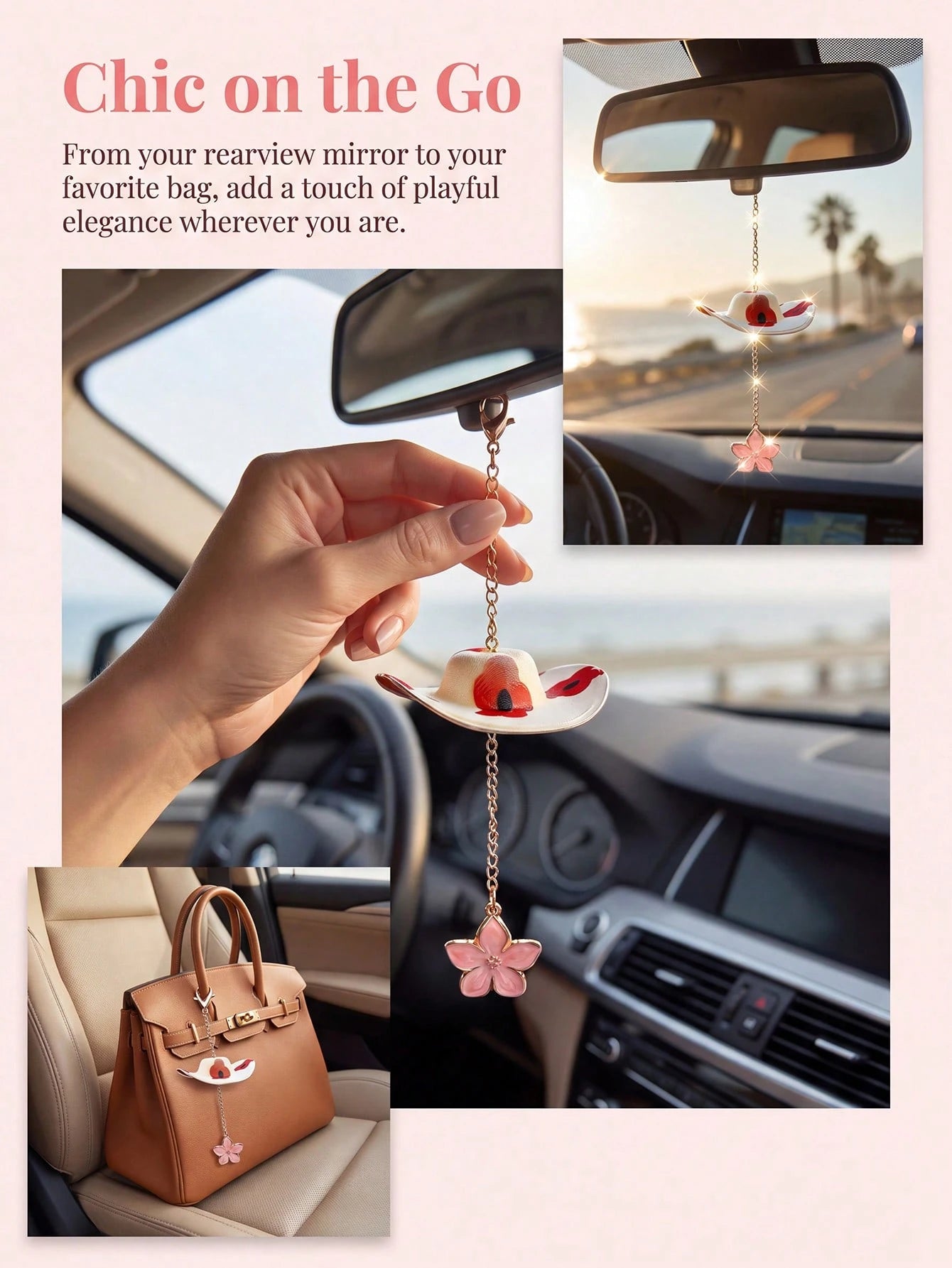 Cowboy Hat Cherry Blossom Car Hanging Ornament Pink Flower Rearview Mirror Charm Cute Aesthetic Car Interior Decor Accessories For Women