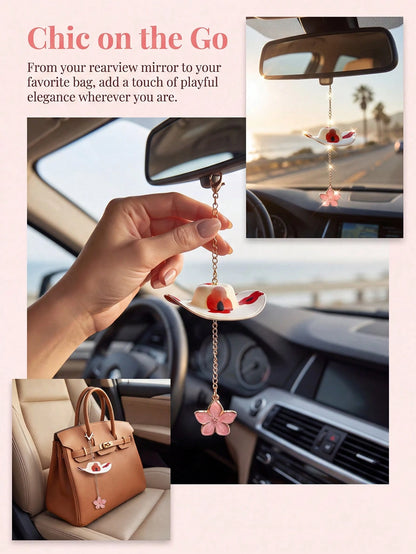 Cowboy Hat Cherry Blossom Car Hanging Ornament Pink Flower Rearview Mirror Charm Cute Aesthetic Car Interior Decor Accessories For Women