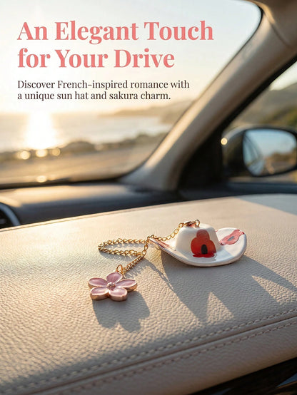 Cowboy Hat Cherry Blossom Car Hanging Ornament Pink Flower Rearview Mirror Charm Cute Aesthetic Car Interior Decor Accessories For Women