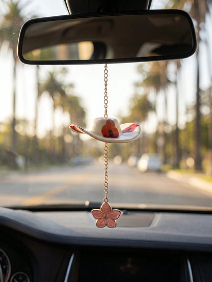 Cowboy Hat Cherry Blossom Car Hanging Ornament Pink Flower Rearview Mirror Charm Cute Aesthetic Car Interior Decor Accessories For Women