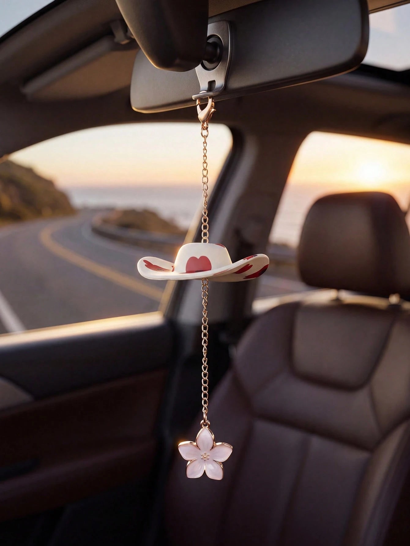 Cowboy Hat Cherry Blossom Car Hanging Ornament Pink Flower Rearview Mirror Charm Cute Aesthetic Car Interior Decor Accessories For Women