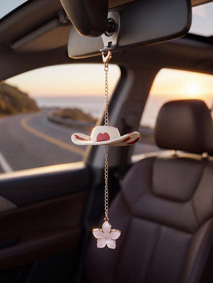 Cowboy Hat Cherry Blossom Car Hanging Ornament Pink Flower Rearview Mirror Charm Cute Aesthetic Car Interior Decor Accessories For Women