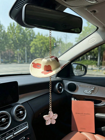 Cowboy Hat Cherry Blossom Car Hanging Ornament Pink Flower Rearview Mirror Charm Cute Aesthetic Car Interior Decor Accessories For Women