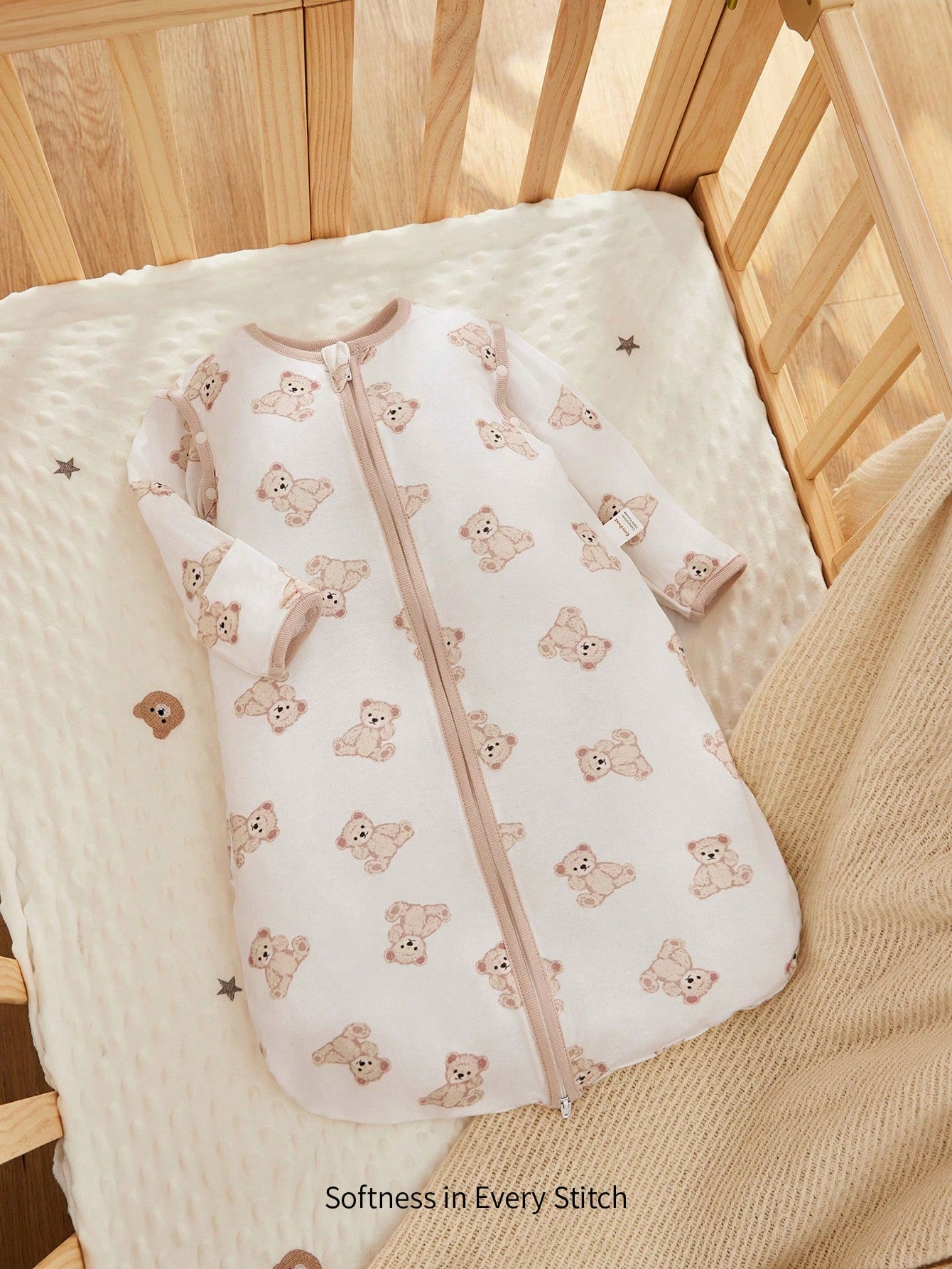Cozy Pixies 1-Piece Baby Sleeping Bag, Cartoon Bear Pattern, Detachable Sleeves, Comfortable And Soft, Suitable For Gift Giving And Newborn Gift Sleeping Bag, Certified By Oeko-Tex