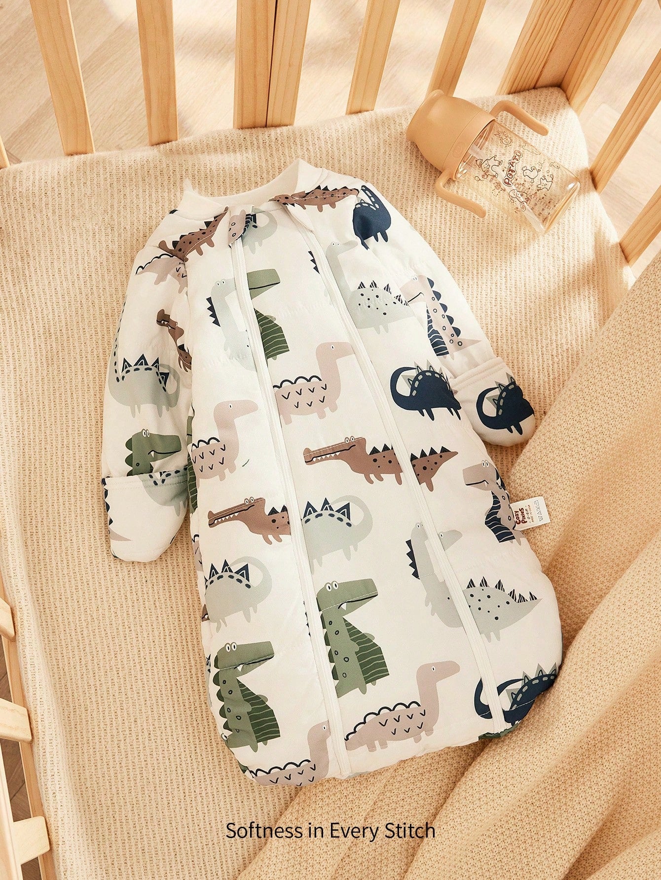 Cozy Pixies 1pc Baby Sleeping Bag, Dinosaur Print, Long Sleeve, Thick & Warm, Suitable For Newborns