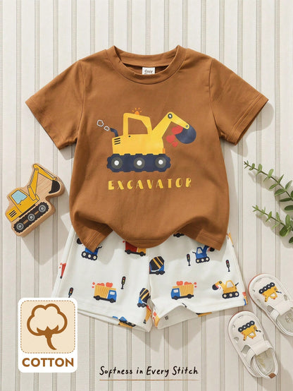 Cozy Pixies 2pcs Baby/Toddler Cute Cartoon Knit Soft Comfortable Summer T-Shirt And Shorts Set, Casual Outfit