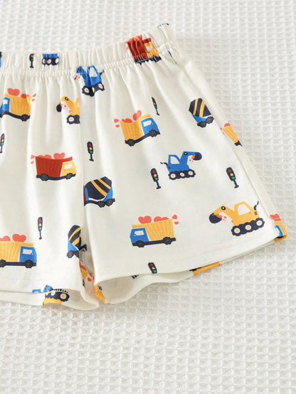 Cozy Pixies 2pcs Baby/Toddler Cute Cartoon Knit Soft Comfortable Summer T-Shirt And Shorts Set, Casual Outfit