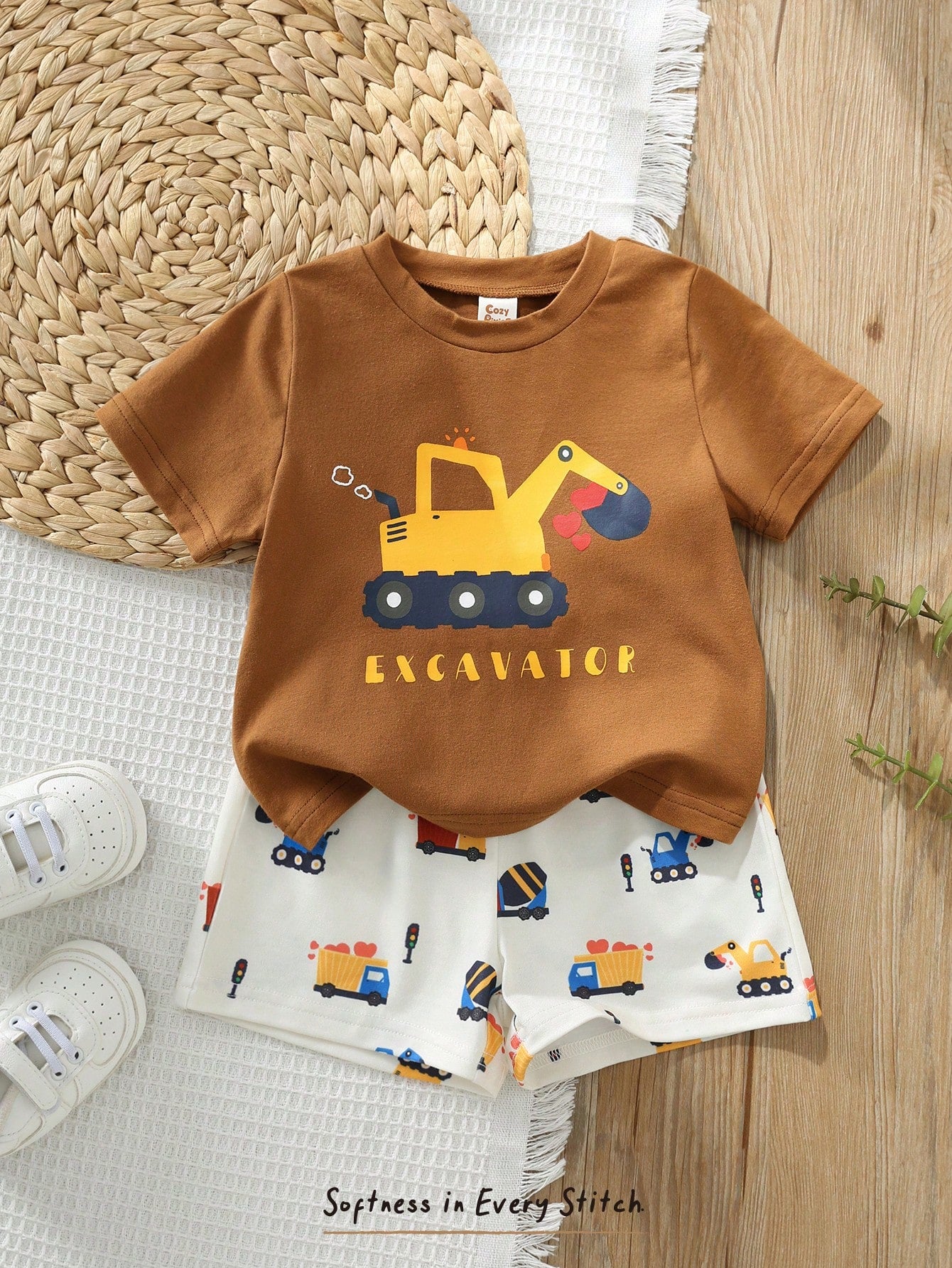 Cozy Pixies 2pcs Baby/Toddler Cute Cartoon Knit Soft Comfortable Summer T-Shirt And Shorts Set, Casual Outfit