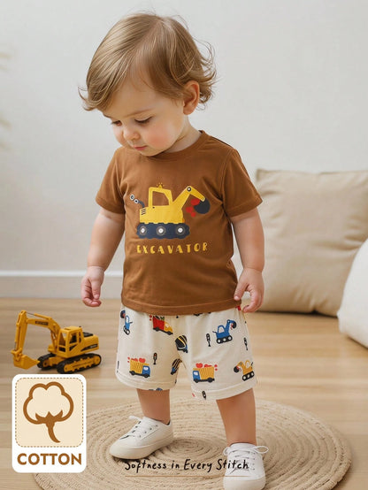 Cozy Pixies 2pcs Baby/Toddler Cute Cartoon Knit Soft Comfortable Summer T-Shirt And Shorts Set, Casual Outfit