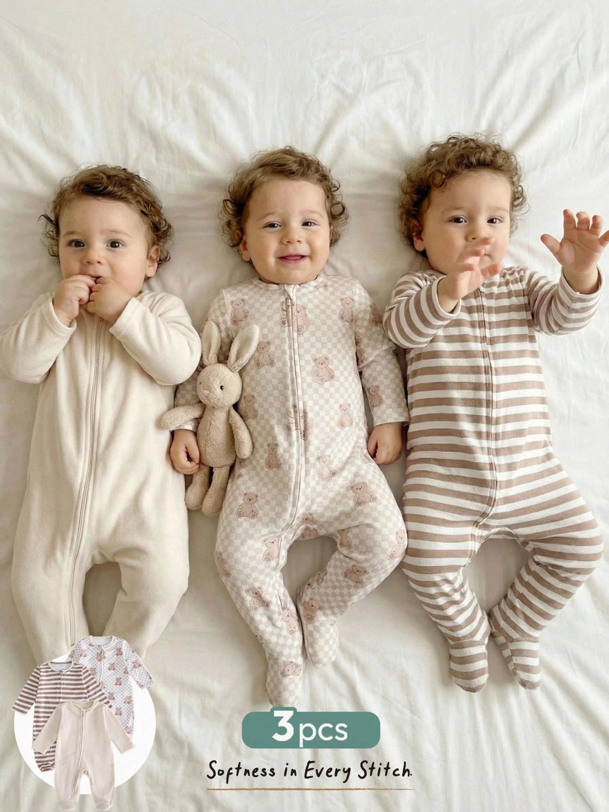 Cozy Pixies 3pcs Newborn Baby Girl Set: Cartoon Bear Print Knit Soft Round Neck Long Sleeve Bodysuit & Pants Graphic,Kids