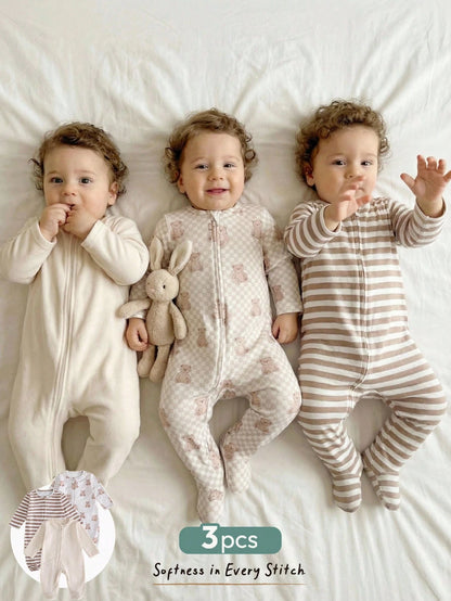 Cozy Pixies 3pcs Newborn Baby Girl Set: Cartoon Bear Print Knit Soft Round Neck Long Sleeve Bodysuit & Pants Graphic,Kids