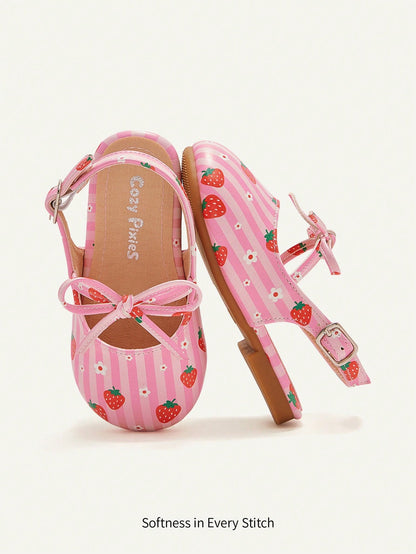 Cozy Pixies A Pair Of Fashion Versatile Casual Fun Strawberry Flower Pink Cute Bow Princess Wind Pastoral Party Girls Baby Flat Sandals Suitable For Summer Mother's Day Holiday Season Valentine's Day