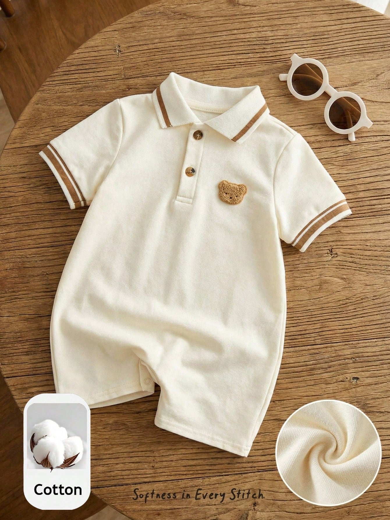 Cozy Pixies Baby Boy Cartoon Bear Short Sleeve Polo Romper,White Summer Cute Family Matching Newborn Cotton Casual Retro Outfit Versatile Comfortable Clothing
