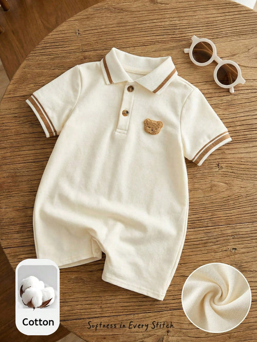 Cozy Pixies Baby Boy Cartoon Bear Short Sleeve Polo Romper,White Summer Cute Family Matching Newborn Cotton Casual Retro Outfit Versatile Comfortable Clothing