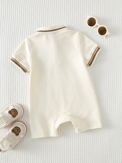 Cozy Pixies Baby Boy Cartoon Bear Short Sleeve Polo Romper,White Summer Cute Family Matching Newborn Cotton Casual Retro Outfit Versatile Comfortable Clothing
