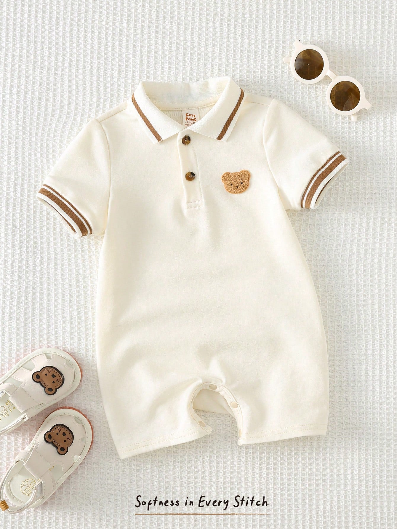 Cozy Pixies Baby Boy Cartoon Bear Short Sleeve Polo Romper,White Summer Cute Family Matching Newborn Cotton Casual Retro Outfit Versatile Comfortable Clothing