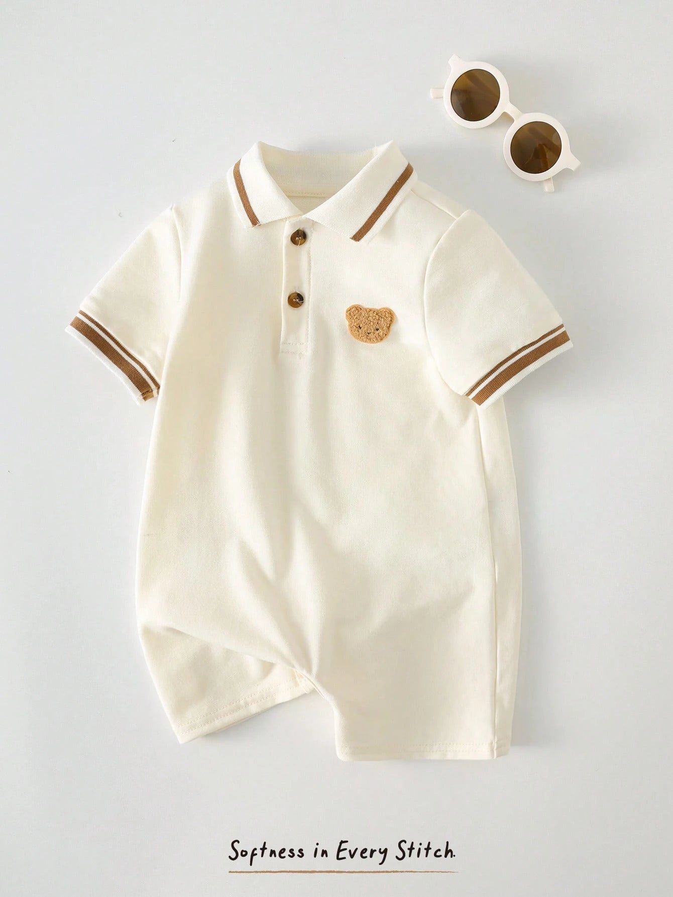 Cozy Pixies Baby Boy Cartoon Bear Short Sleeve Polo Romper,White Summer Cute Family Matching Newborn Cotton Casual Retro Outfit Versatile Comfortable Clothing