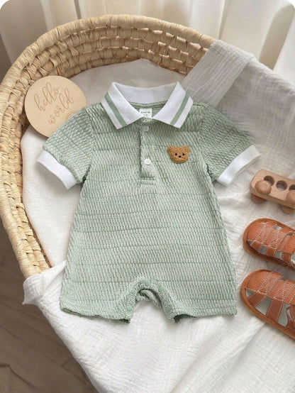 Cozy Pixies Baby Boy Cartoon Bear Short Sleeve Polo Romper,White Summer Cute Family Matching Newborn Cotton Casual Retro Outfit Versatile Comfortable Clothing