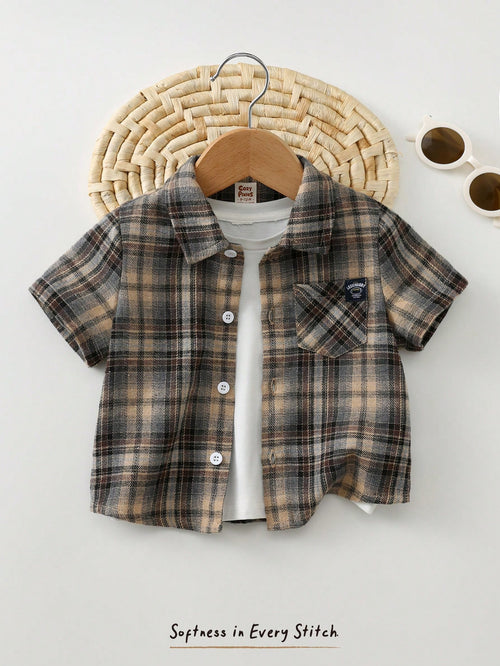 Cozy Pixies Baby Boy Colorful Plaid Collar Long Sleeve Button-Up Shirt Toddler Collared Button Up Checkered 3 Year Old Tan Short Brown Ups Cotton Clothes,Kids