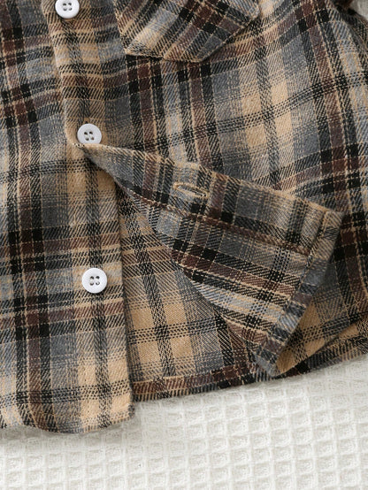 Cozy Pixies Baby Boy Colorful Plaid Collar Long Sleeve Button-Up Shirt Toddler Collared Button Up Checkered 3 Year Old Tan Short Brown Ups Cotton Clothes,Kids
