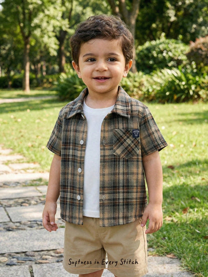 Cozy Pixies Baby Boy Colorful Plaid Collar Long Sleeve Button-Up Shirt Toddler Collared Button Up Checkered 3 Year Old Tan Short Brown Ups Cotton Clothes,Kids