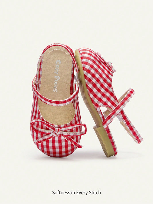 Cozy Pixies Fashionable Versatile Casual Red Plaid Vacation Party Fun Princess Style Cute Bow Mule Shoes Princess Wedding Season College Style Girl Baby Flat